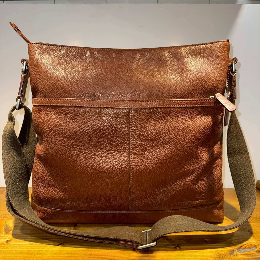 Coach F70457 Brown Pebbled Leather Messenger Crossbody Map Style Men
